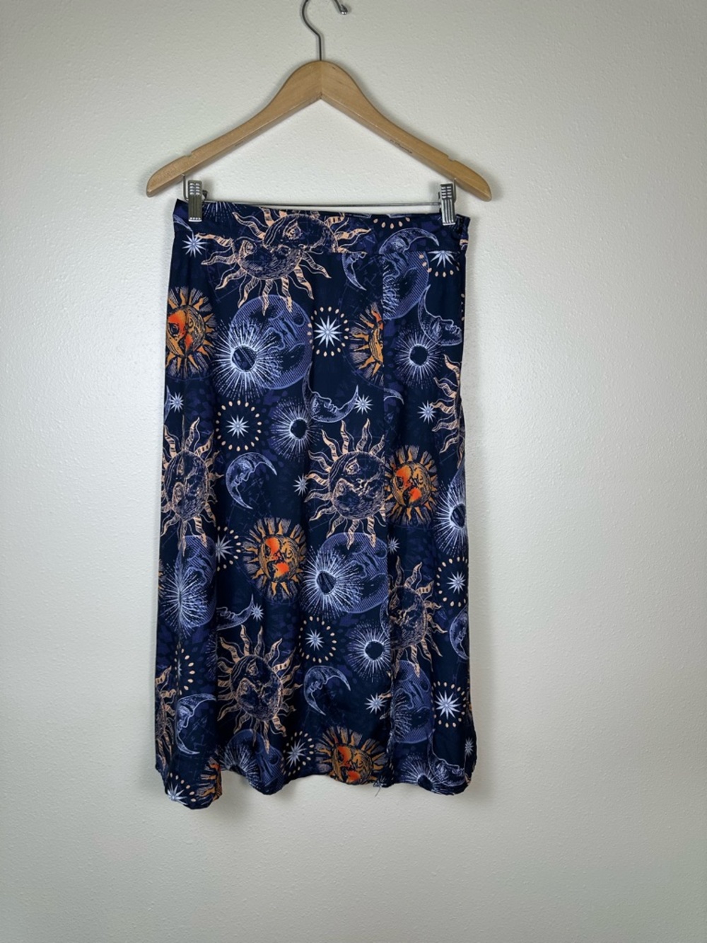 WOWO Moon & Sun Women Large Whimsical Navy Celestial Print Side Slit Midi Skirt